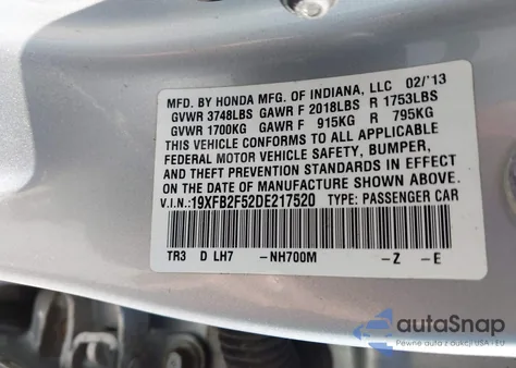 2013 Honda Civic Lx from USA, damaged, VIN 19XFB2F52DE217520